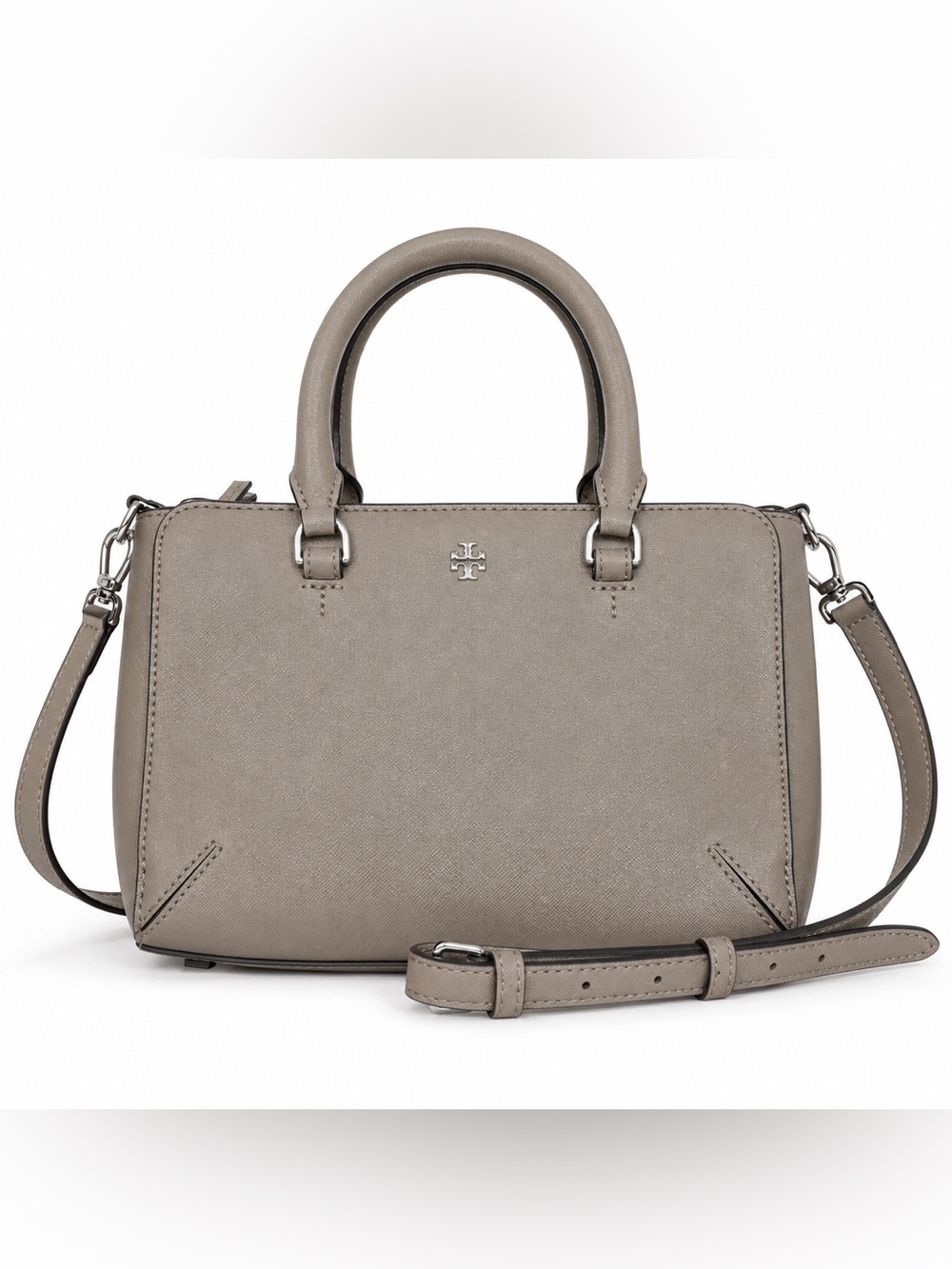 Tory Burch Small Saffiano Leather Satchel Crossbody Bag Taupe Gray